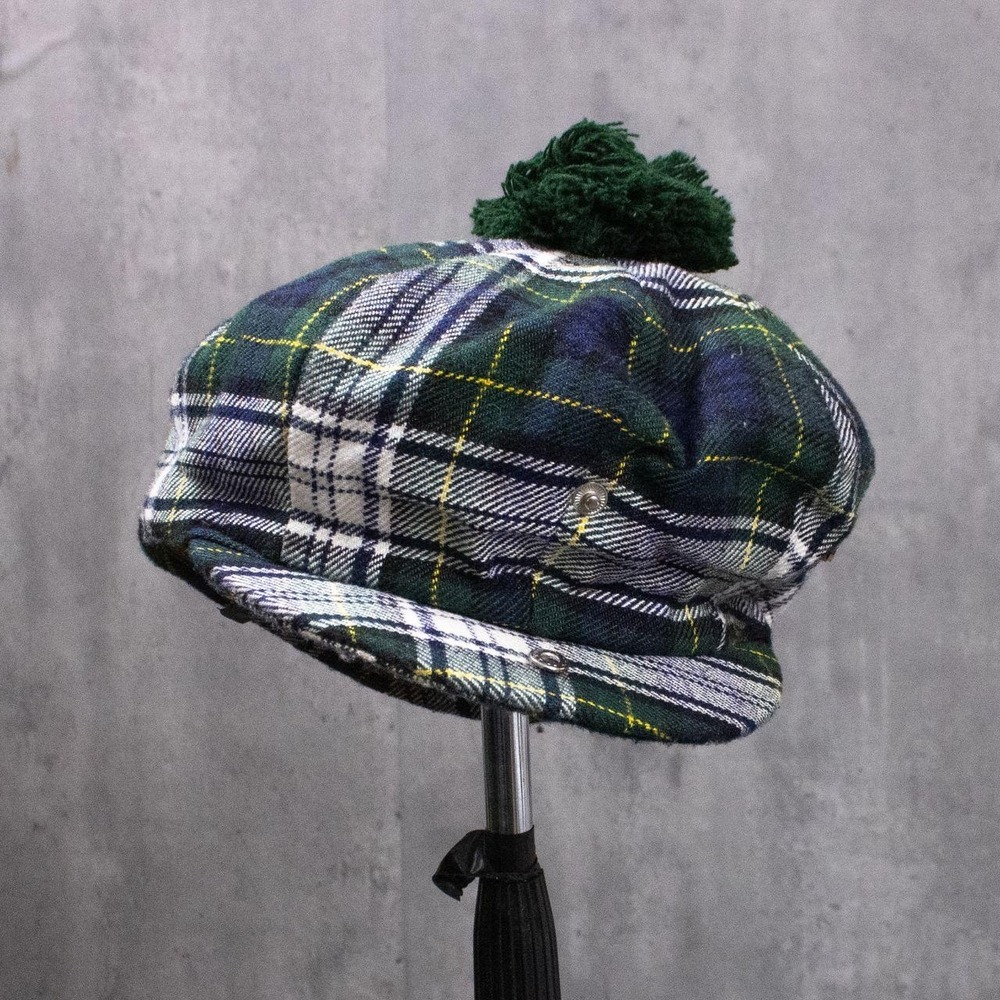 Vintage 1980's Shadow Scottish Tam o' Shanter Plaid Tartan Cap Green Pom Pom Hat